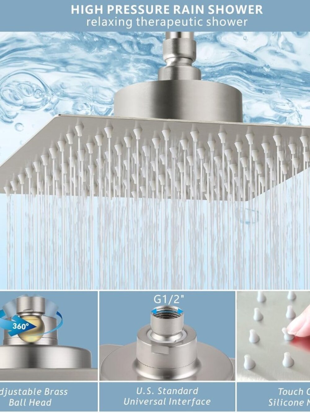 High Pressure Rain Shower Head with Filter - 10" All Metal Square